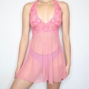 Vintage 90’s 2000’s Victoria’s Secret Chemise Sheer Pink with Lace Halter M L